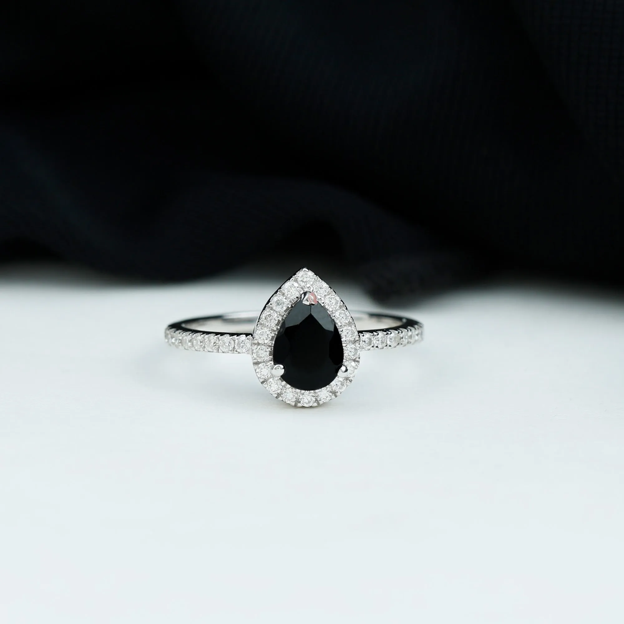 Black Onyx Teardrop Engagement Ring with Diamond Halo