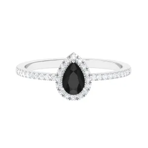 Black Onyx Teardrop Engagement Ring with Diamond Halo