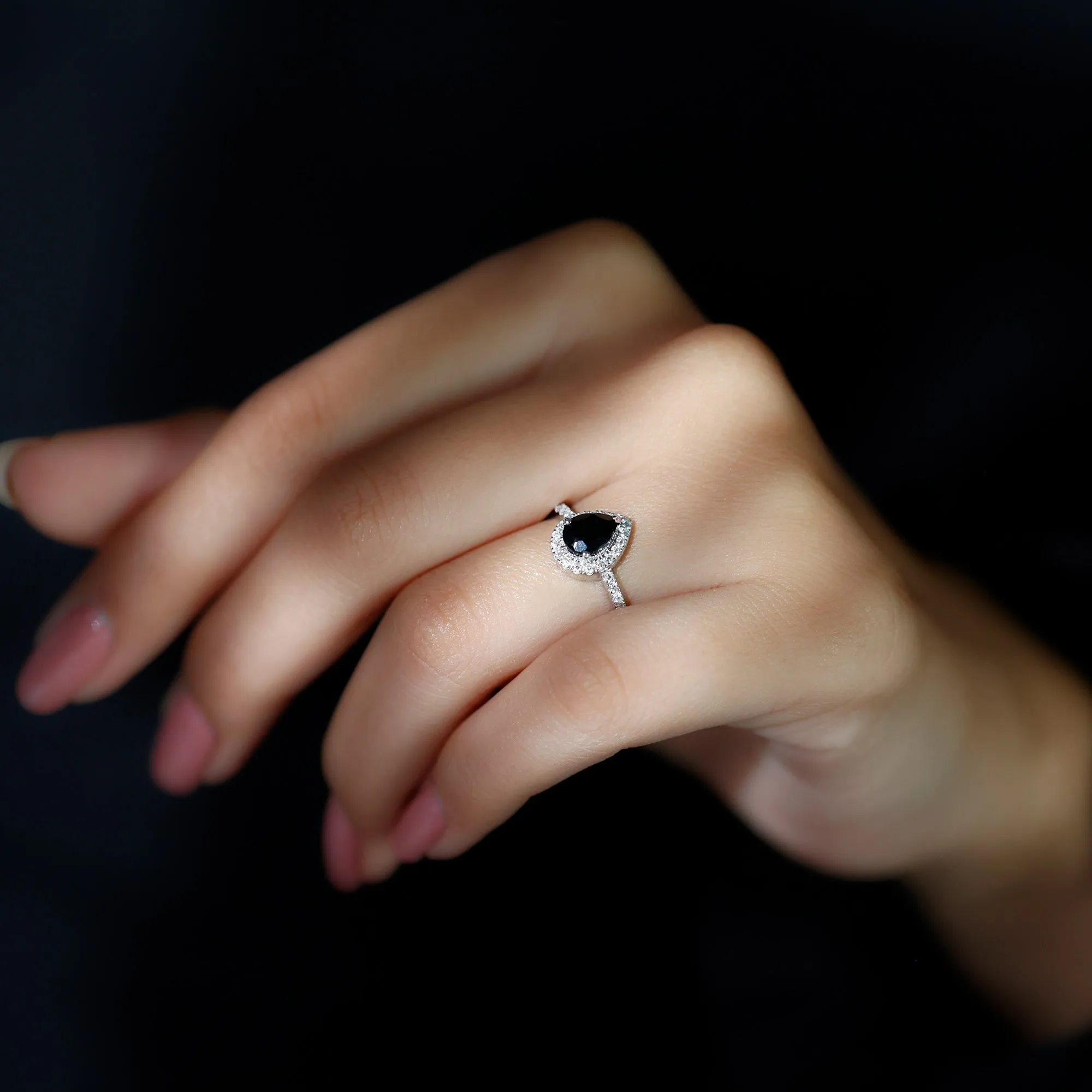 Black Onyx Teardrop Engagement Ring with Diamond Halo