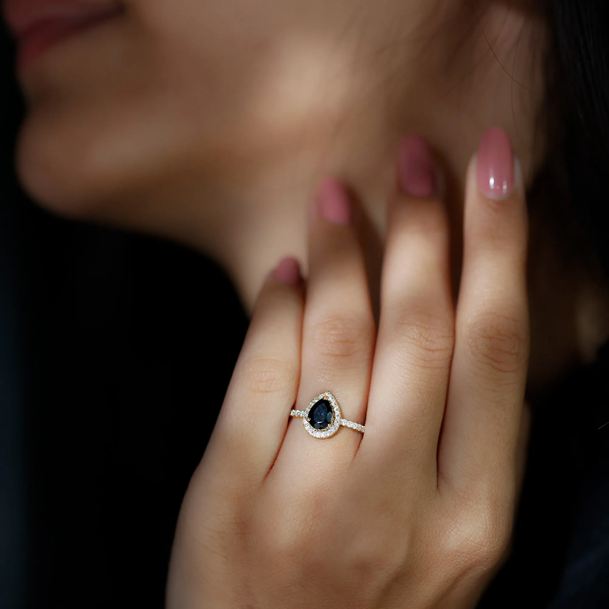 Black Onyx Teardrop Engagement Ring with Diamond Halo