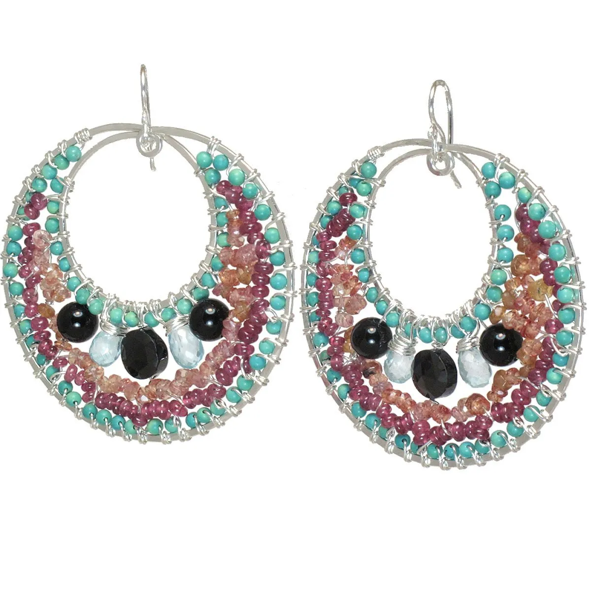 Black Spinel Turquoise Mandarin Garnet and Pink Ruby Earrings B144 by Calico Juno Designs, Bonnie Riconda