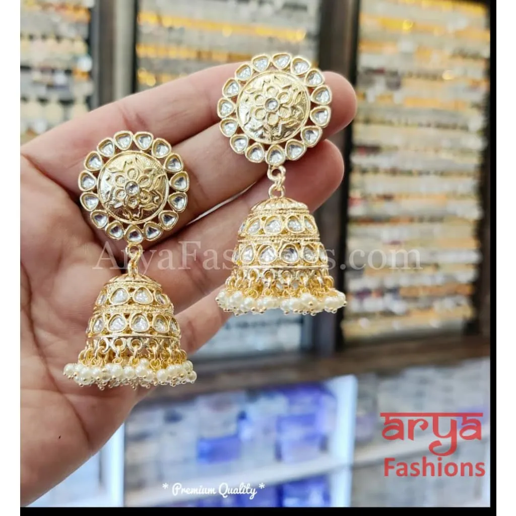 Bridal Golden Long Kundan Jhumka Earrings