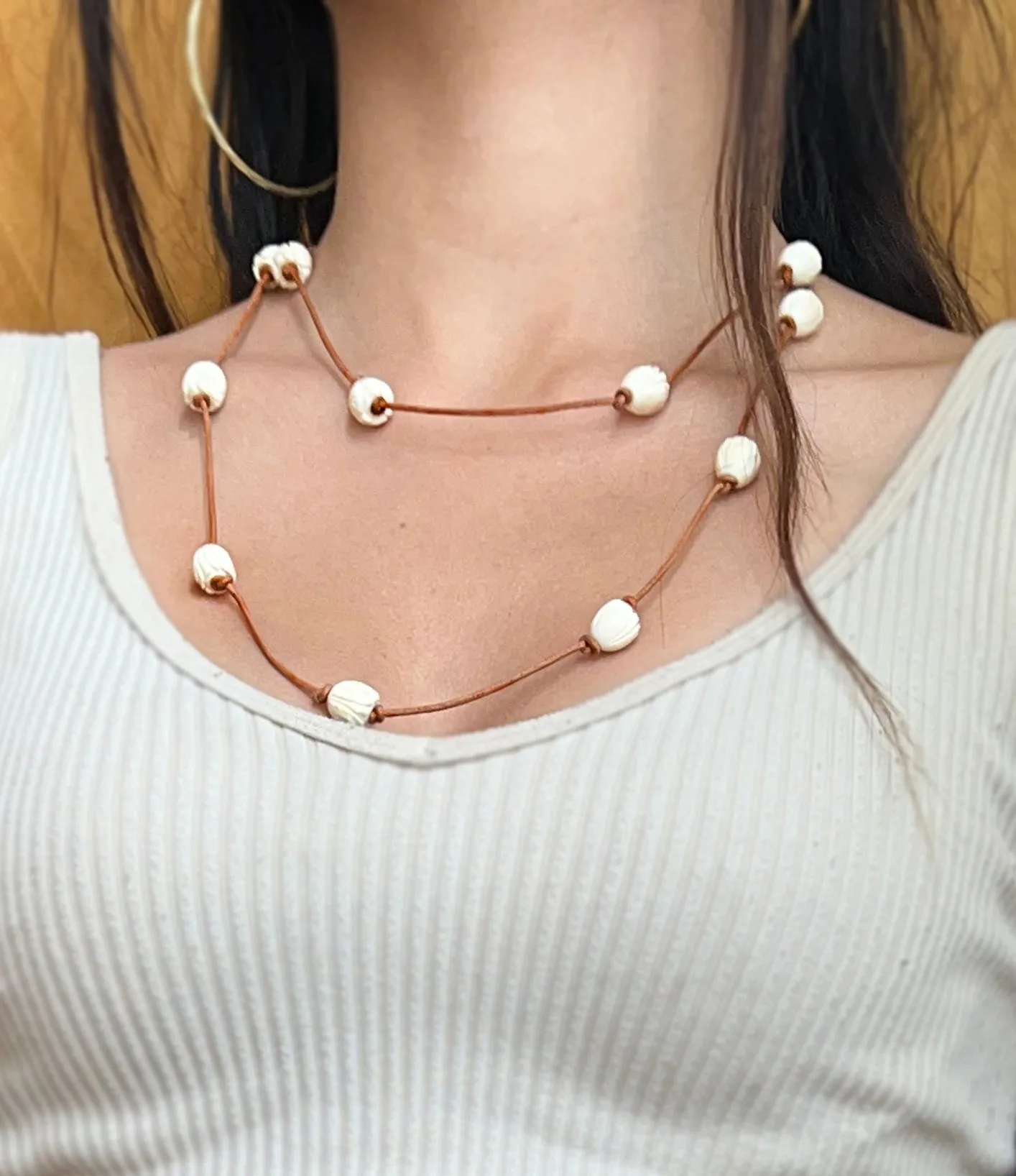 Carved Bone Bead & Leather Necklace - "Tulips"