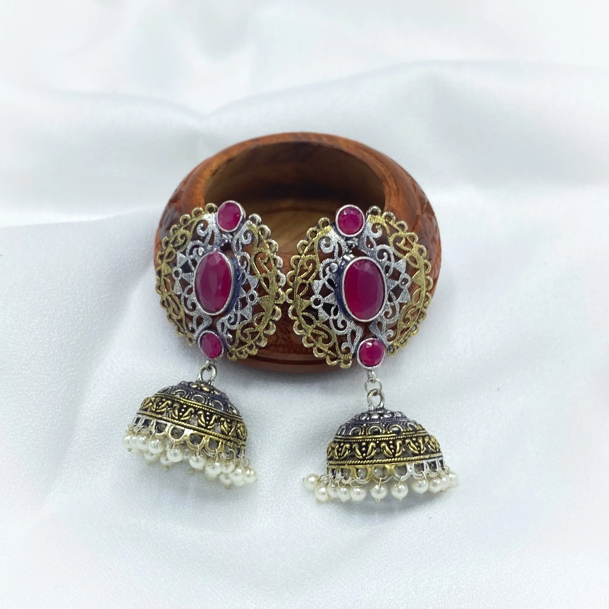 Charming Dual Tone Oxidized Silver Jhumka Earring with ruby red stone