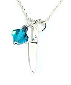 Chef Knife Necklace with Swarovski Aqua Blue Crystal Dangle