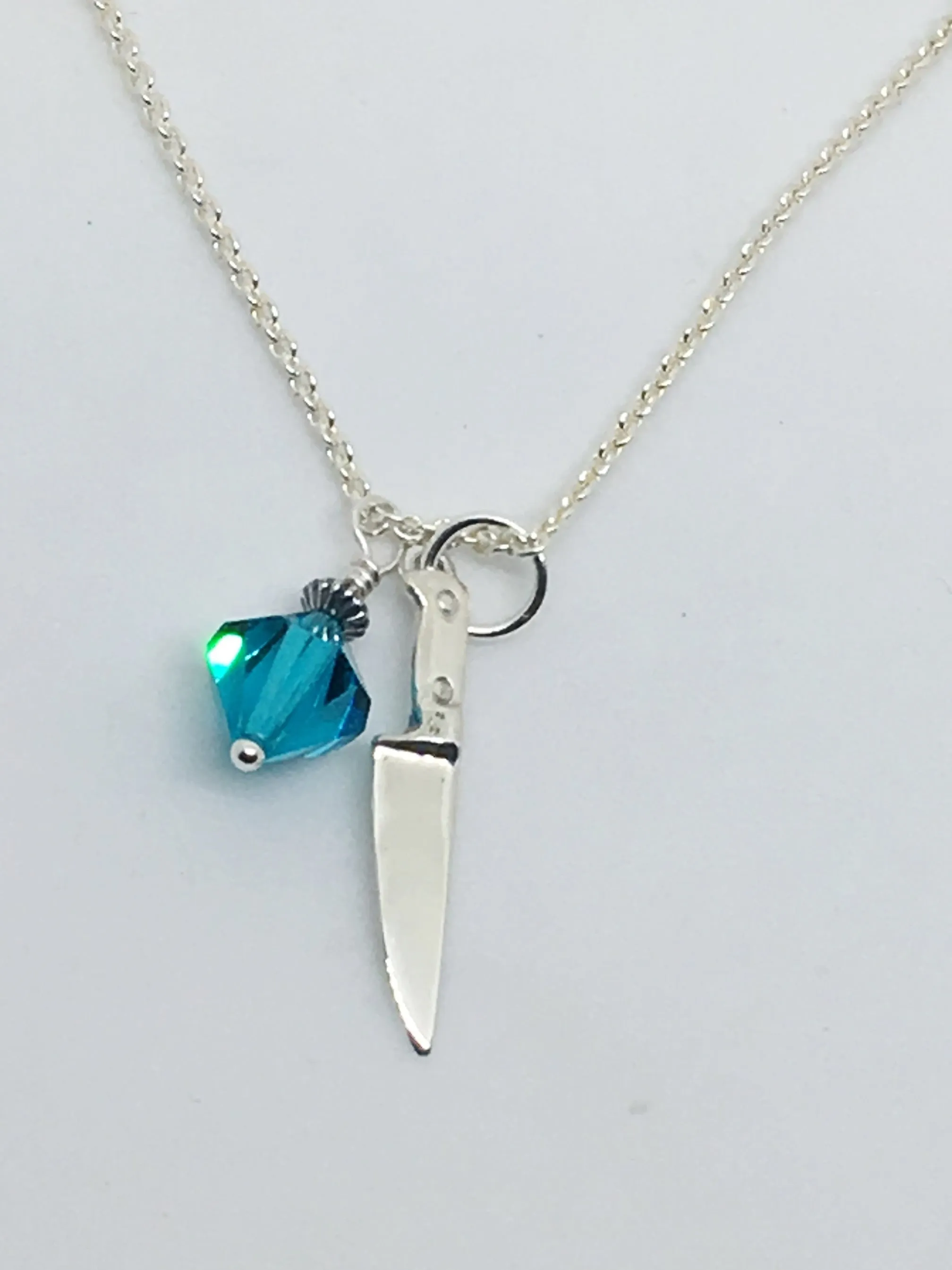 Chef Knife Necklace with Swarovski Aqua Blue Crystal Dangle