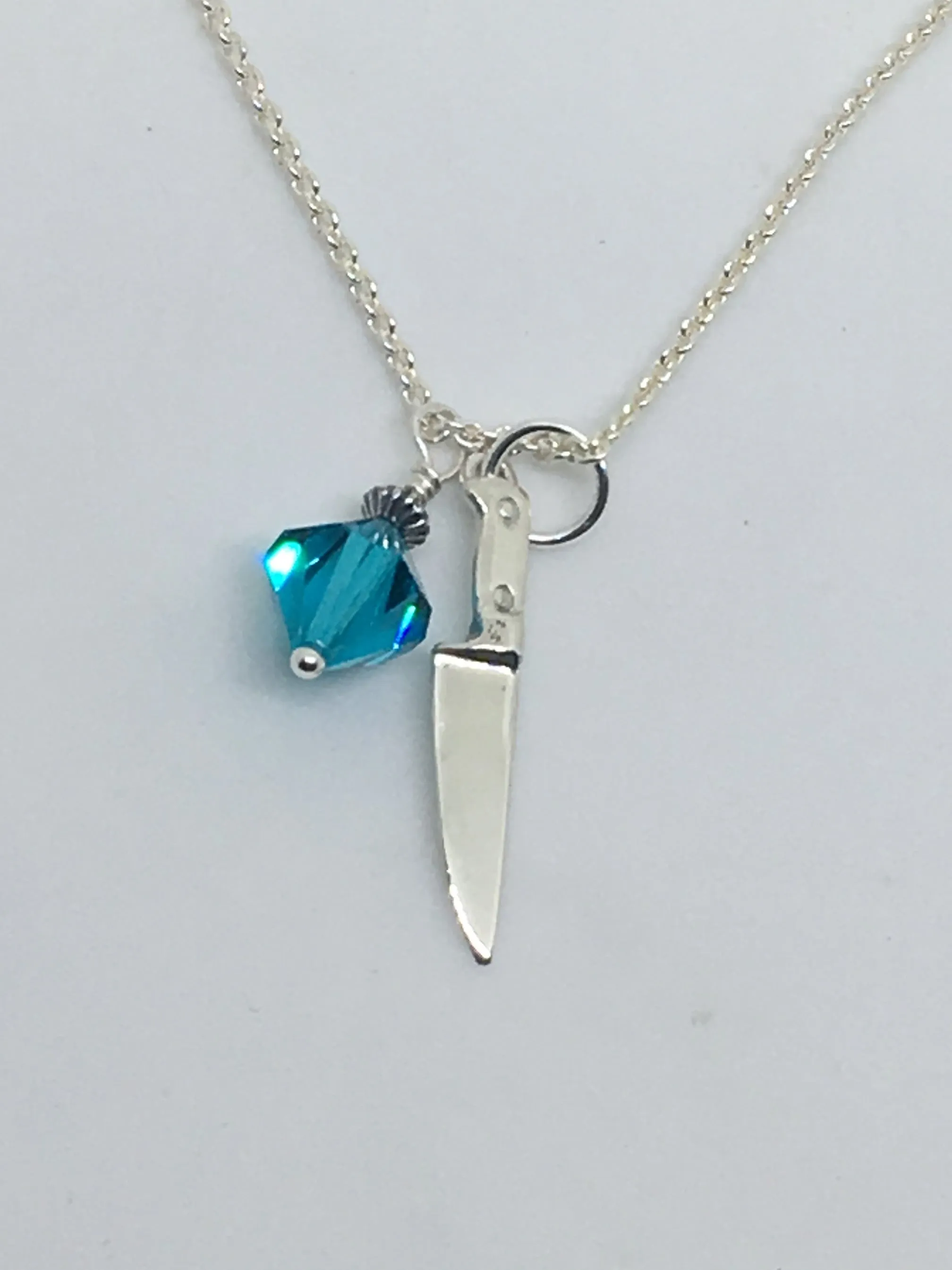 Chef Knife Necklace with Swarovski Aqua Blue Crystal Dangle