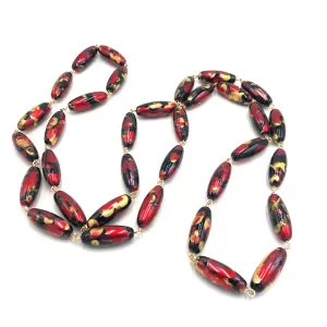 Cherry Red & Gold Oval Painter Opera Necklace