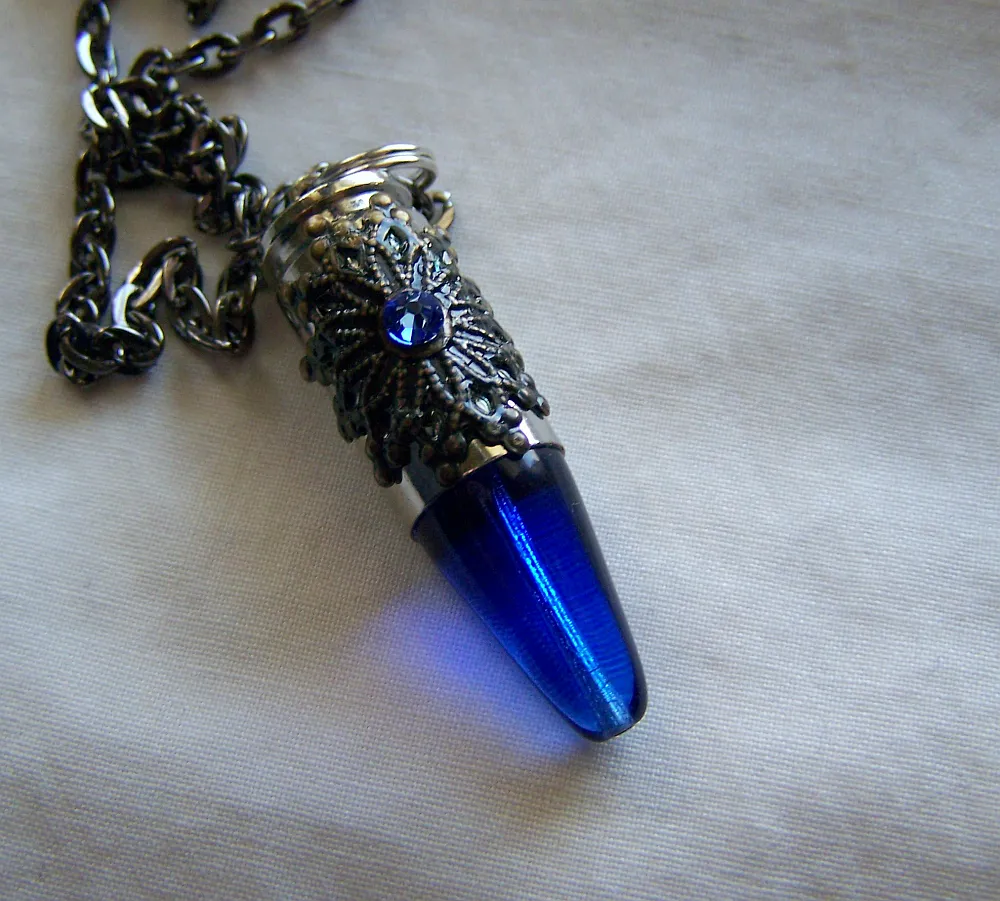 Cobalt Blue Glass Filigree Bullet Jewelry Pendant