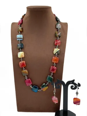 Contemporary Semi Precious Multi Color Chalcedony Stone Beaded Necklace For Woman