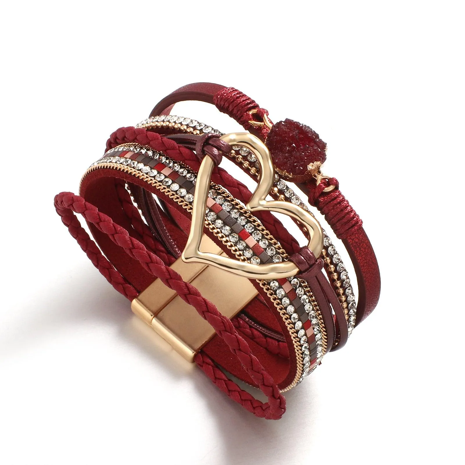 'Dalgu' Heart Charm Cuff Bracelet - wine red