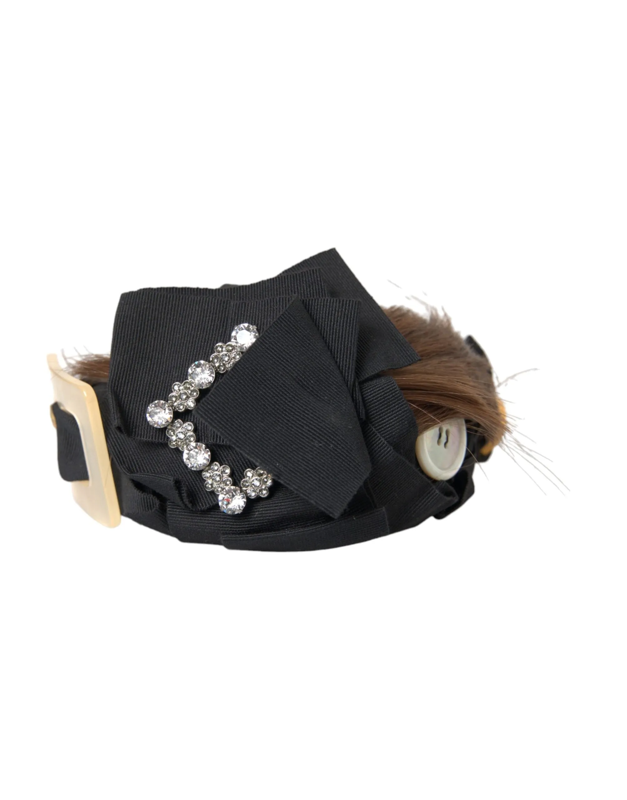 Dolce & Gabbana Black Crystal Button Brown Hair Women Headband Diadem