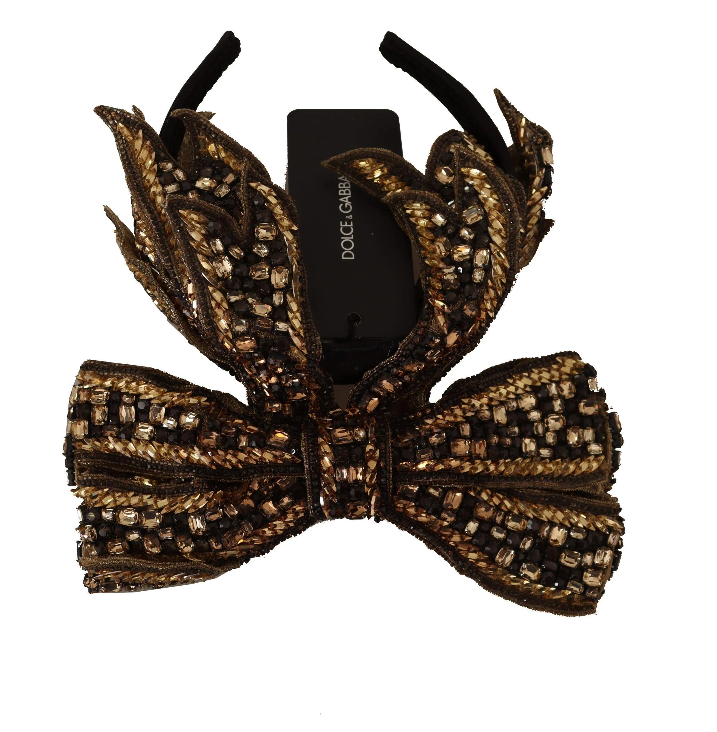 Dolce & Gabbana Gold Crystal Beaded Sequined Silk Bow Headband Diadem