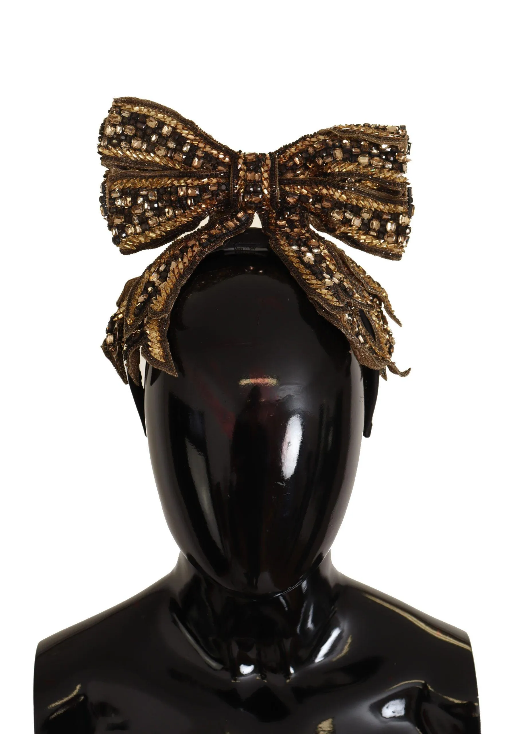 Dolce & Gabbana Gold Crystal Beaded Sequined Silk Bow Headband Diadem