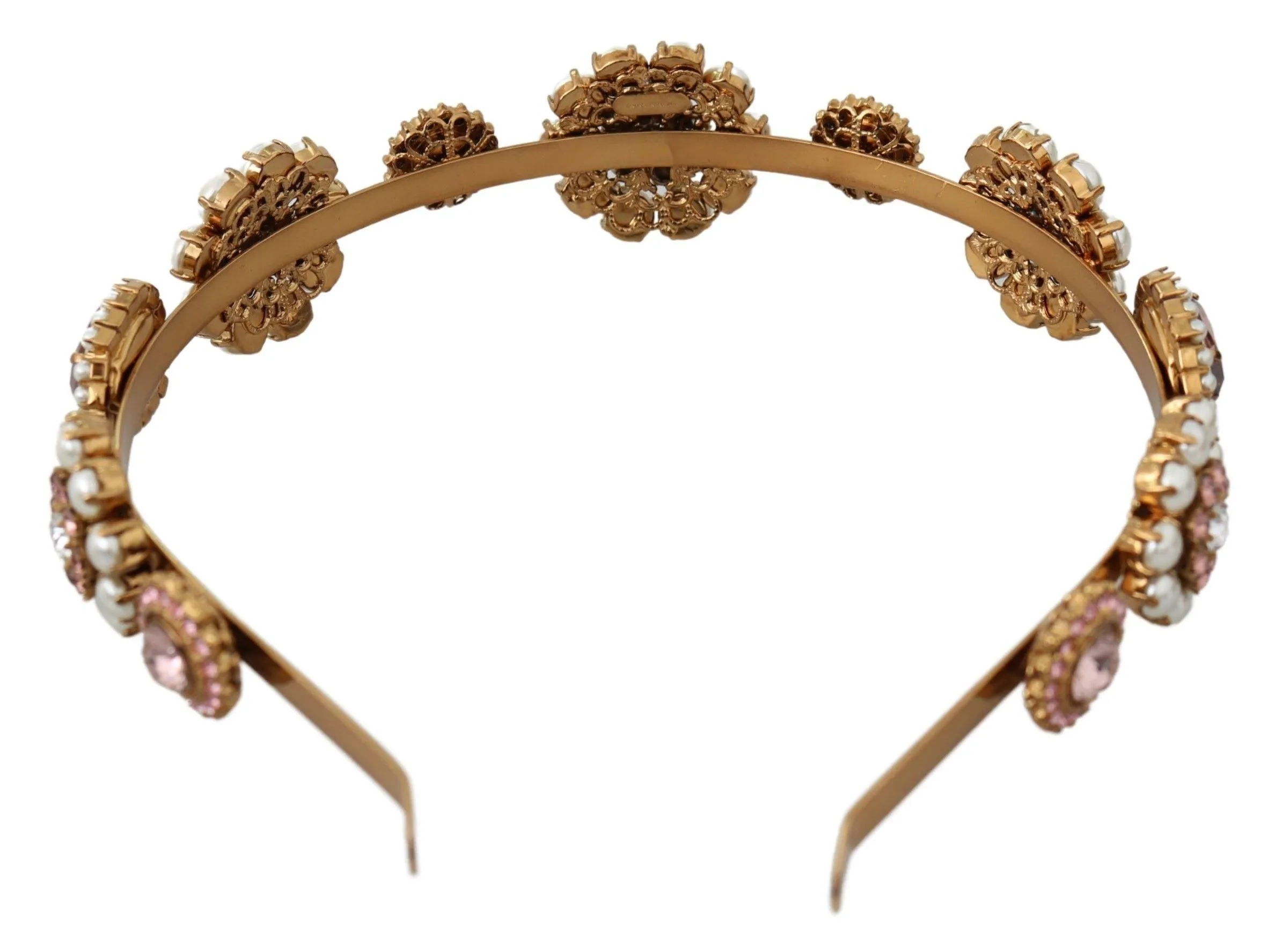 Dolce & Gabbana Gold Tiara Crystal Floral Pearl Headband Logo Diadem