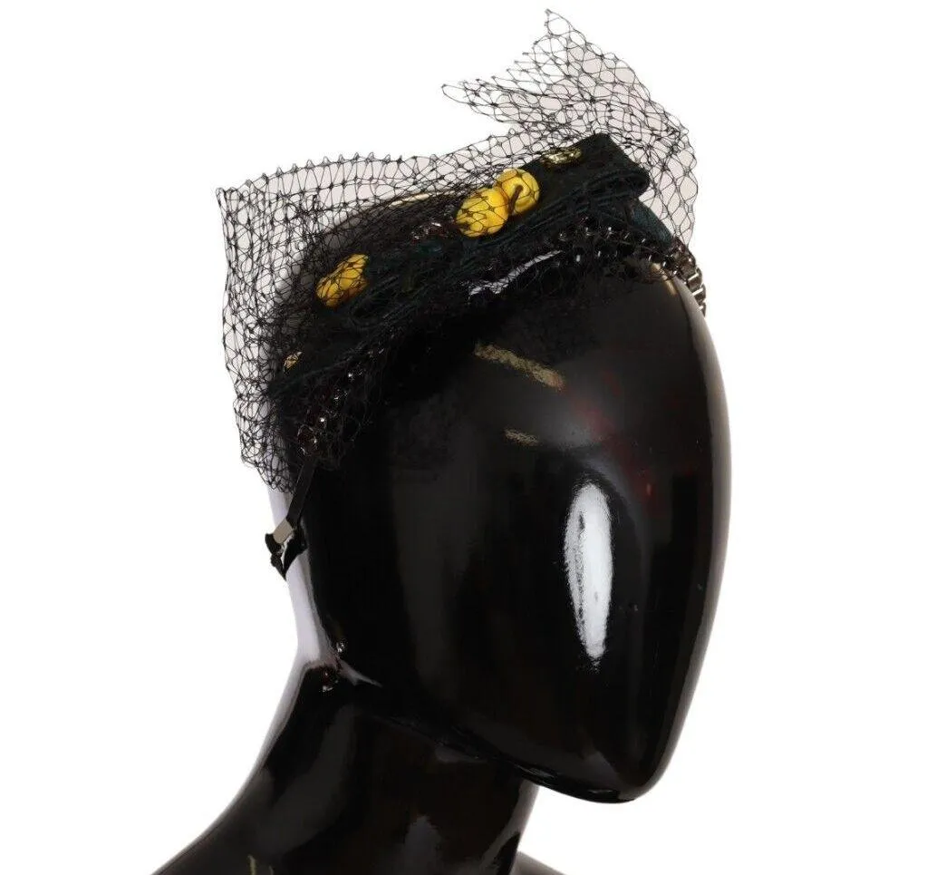 Dolce & Gabbana Silver Tiara Crystals Fruits Black Mesh Diadem Headband