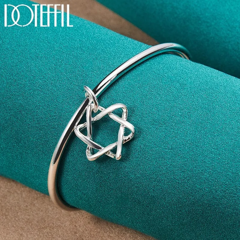 Double Beads Star of David Cuff Bangle Bracelet 925 Sterling Silver