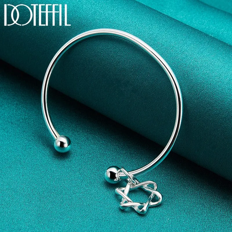 Double Beads Star of David Cuff Bangle Bracelet 925 Sterling Silver