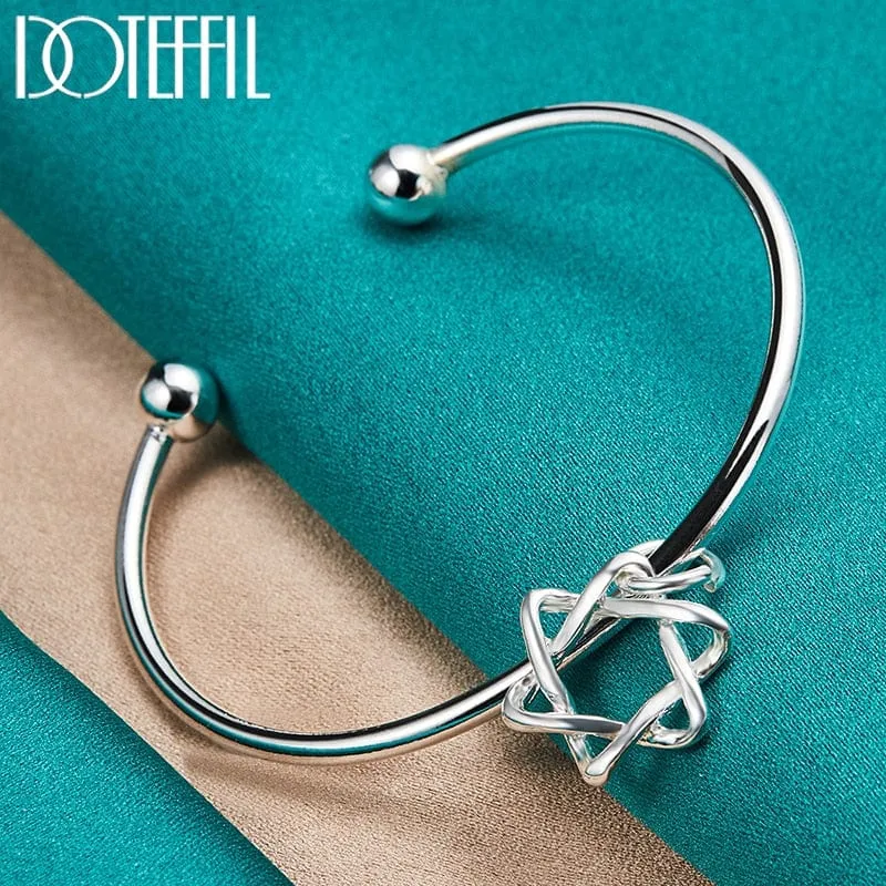 Double Beads Star of David Cuff Bangle Bracelet 925 Sterling Silver