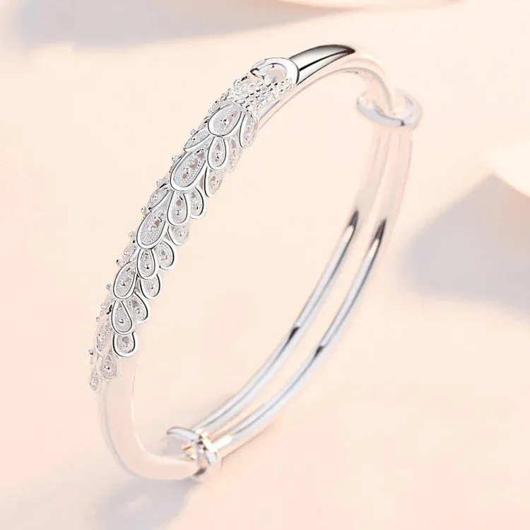 Fashion 925 Sterling Silver Woman Cuff Bracelet Open Leaf Shaped Adjustable Charm Bangle Girls Party Jewelry Christmas Gifts