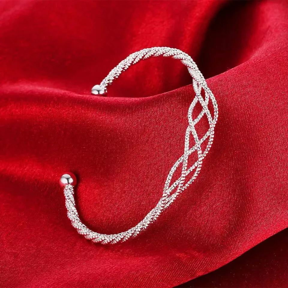 Fashion 925 Sterling Silver Woman Cuff Bracelet Open Leaf Shaped Adjustable Charm Bangle Girls Party Jewelry Christmas Gifts