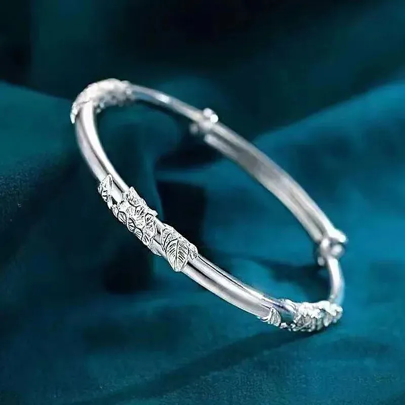 Fashion 925 Sterling Silver Woman Cuff Bracelet Open Leaf Shaped Adjustable Charm Bangle Girls Party Jewelry Christmas Gifts