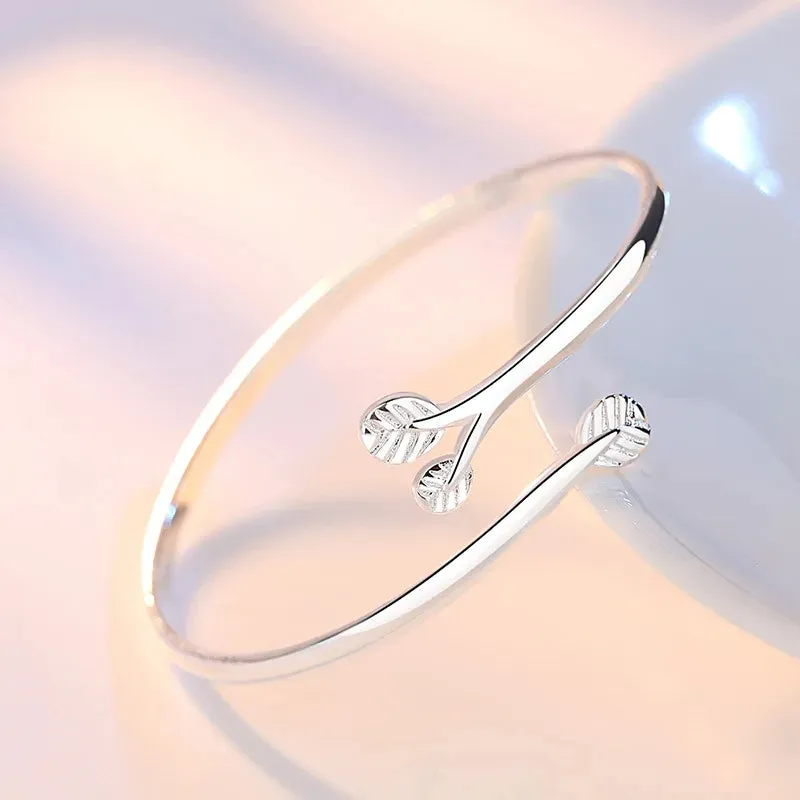 Fashion 925 Sterling Silver Woman Cuff Bracelet Open Leaf Shaped Adjustable Charm Bangle Girls Party Jewelry Christmas Gifts