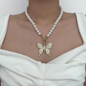 Faux pearl beaded butterfly pendant necklace