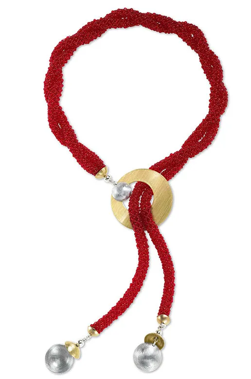 FIRE Double Strand Czech Glass Hand-Sewn Lariat Necklace with Color choices and Mixed Metals from the BEADED Collection