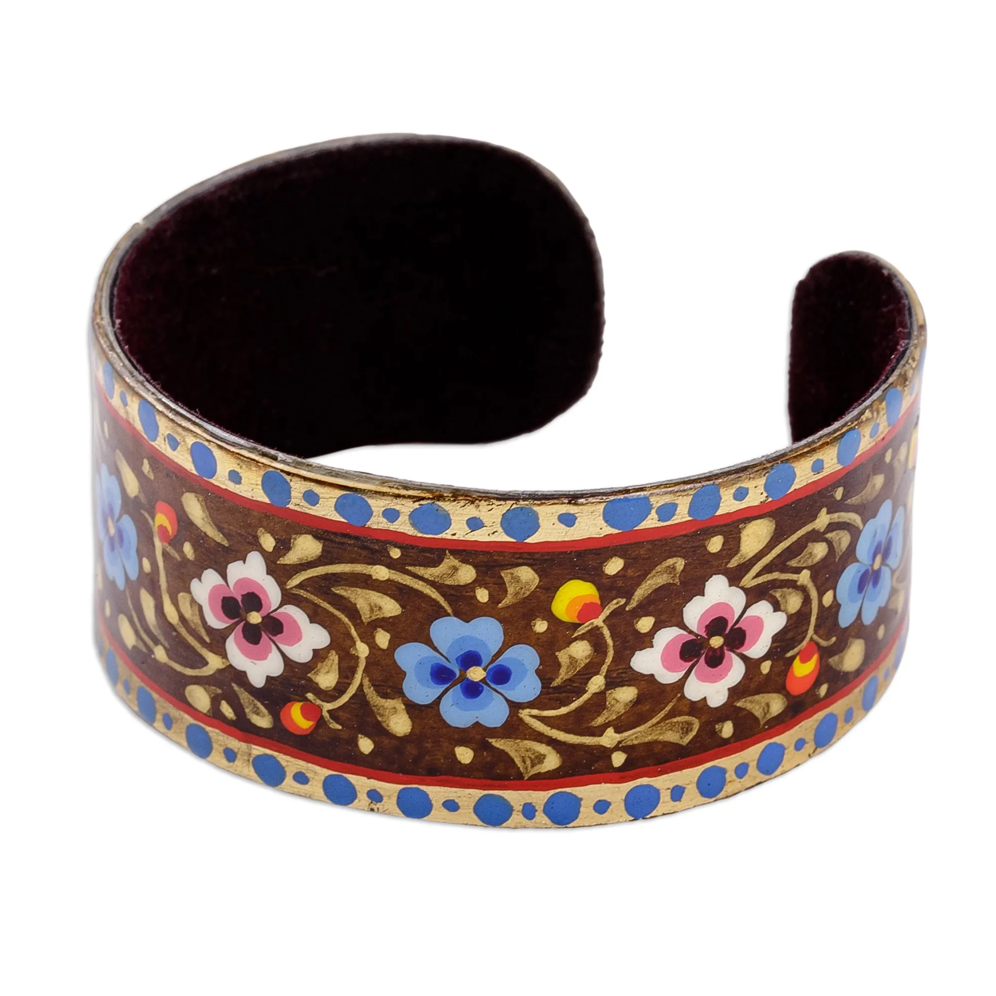 Floral Adjustable Golden, Blue and Brown Tin Cuff Bracelet - Goddess of Mountains | NOVICA