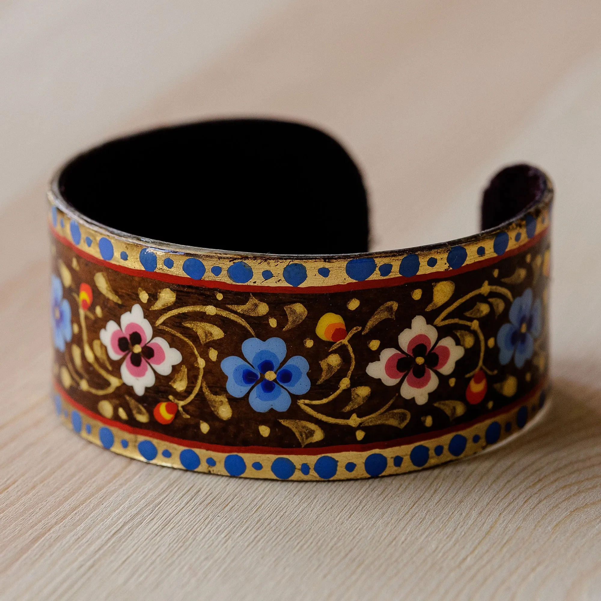 Floral Adjustable Golden, Blue and Brown Tin Cuff Bracelet - Goddess of Mountains | NOVICA