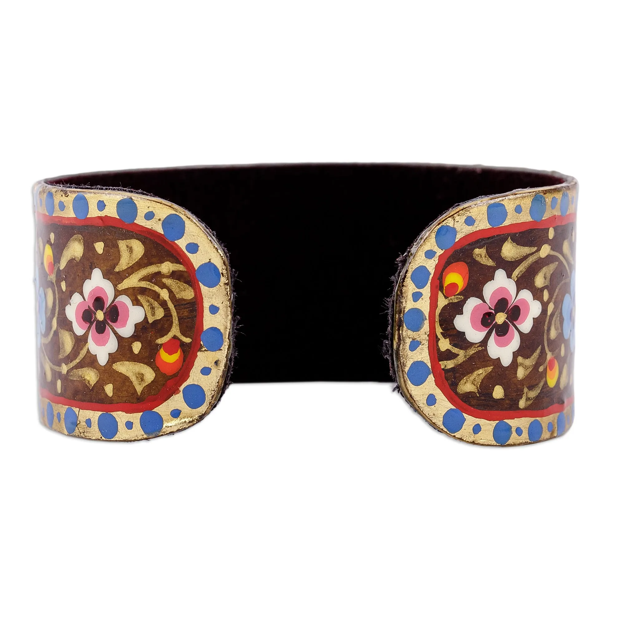 Floral Adjustable Golden, Blue and Brown Tin Cuff Bracelet - Goddess of Mountains | NOVICA