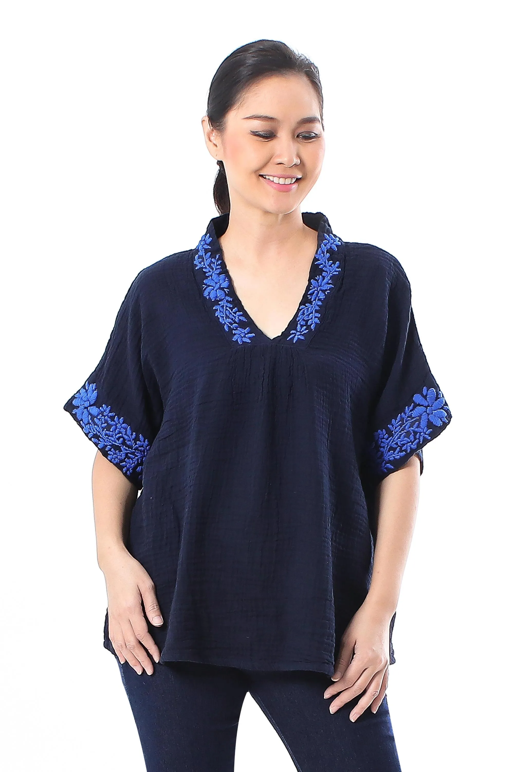 Floral Embroidered Cotton Blouse in Navy from Thailand - Classic Bloom in Navy | NOVICA