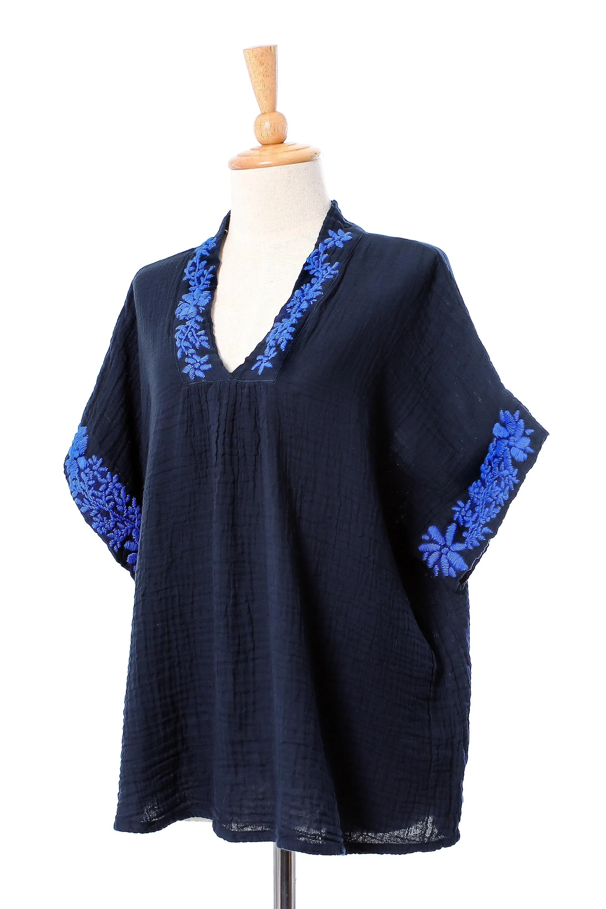 Floral Embroidered Cotton Blouse in Navy from Thailand - Classic Bloom in Navy | NOVICA