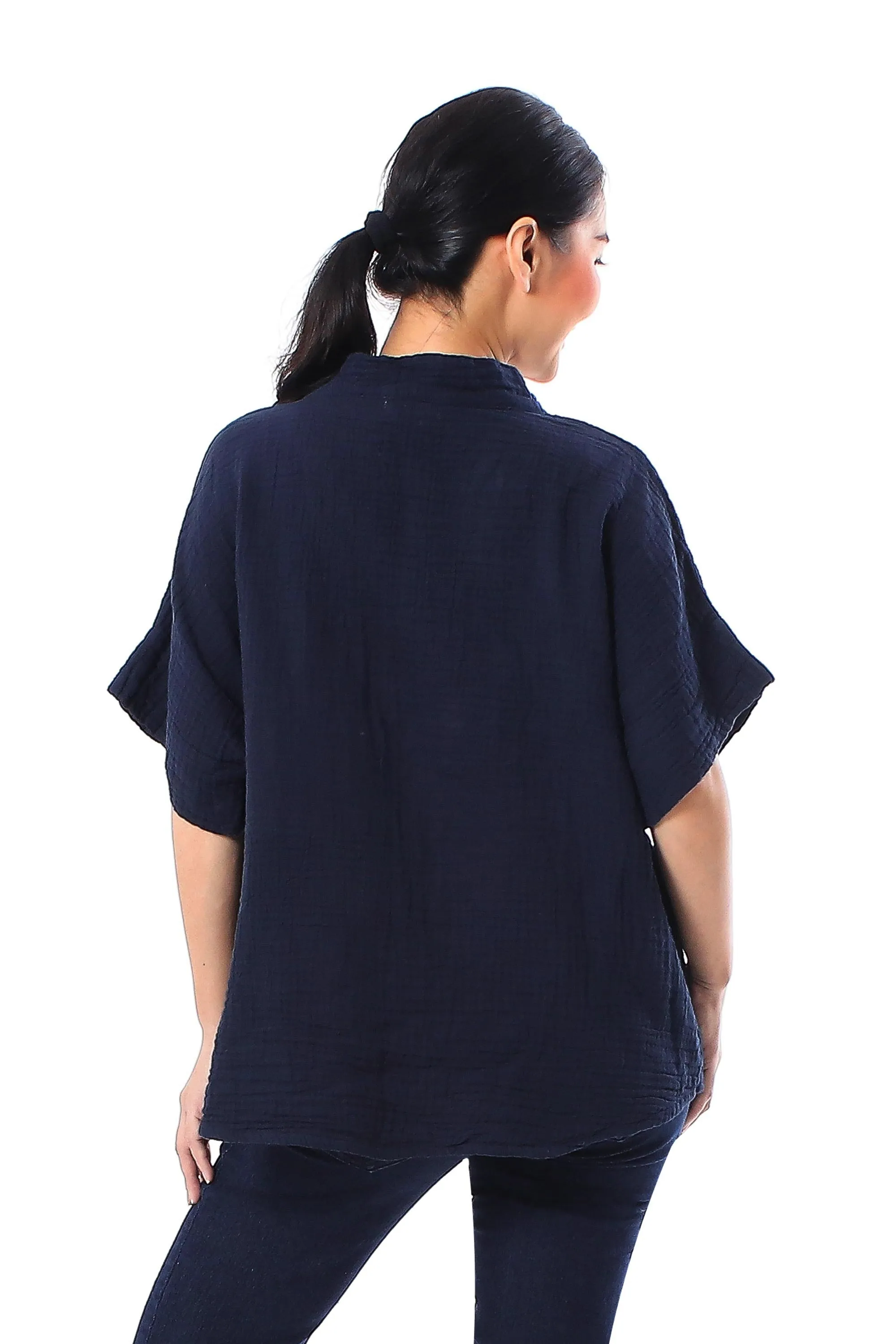 Floral Embroidered Cotton Blouse in Navy from Thailand - Classic Bloom in Navy | NOVICA