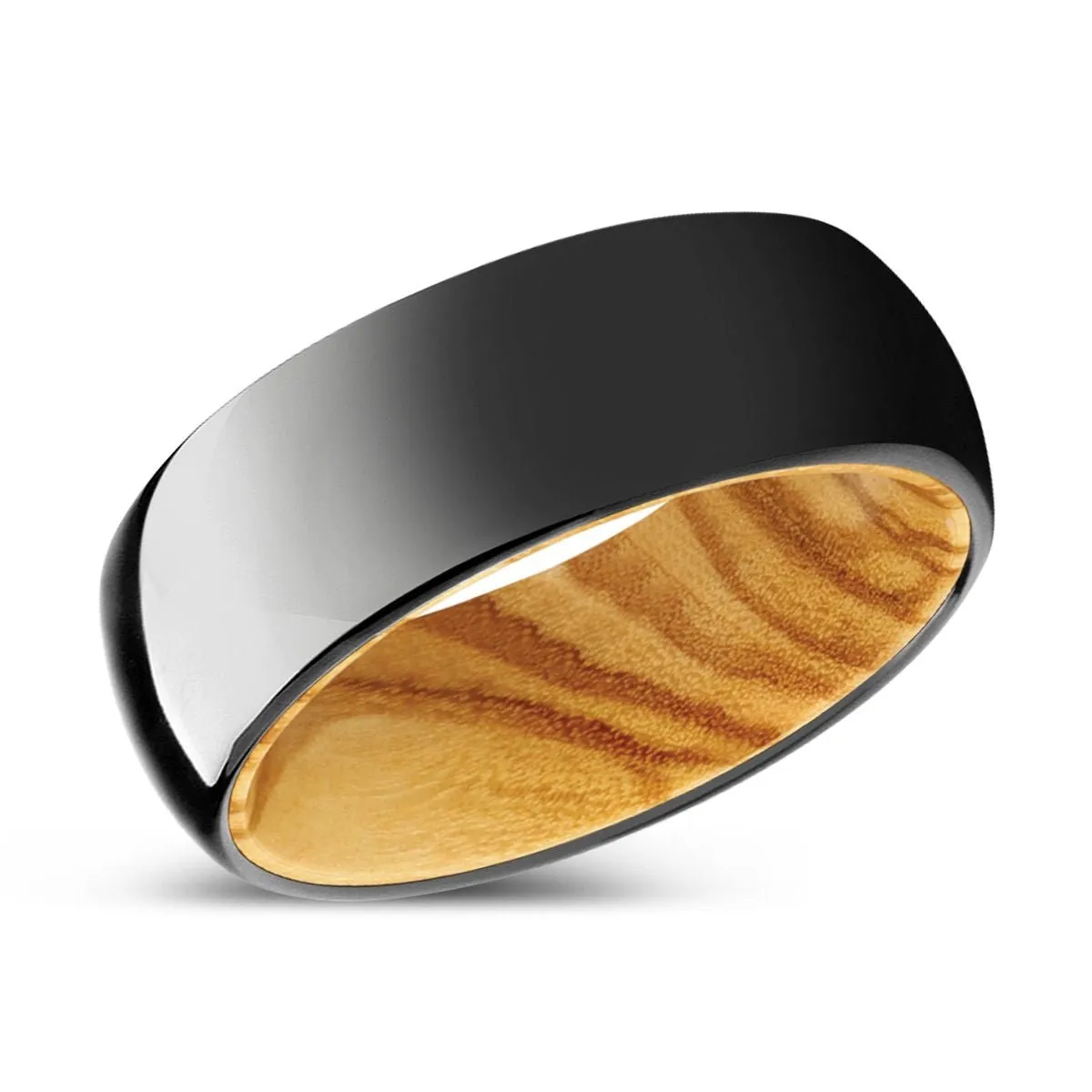 FORESTA | Olive Wood, Black Tungsten Ring, Shiny, Domed