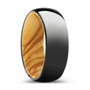 FORESTA | Olive Wood, Black Tungsten Ring, Shiny, Domed