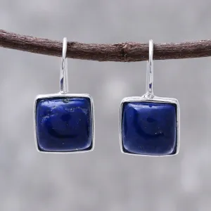 Gleaming Squares Rhodium Plated Lapis Lazuli Drop Earrings from Thailand