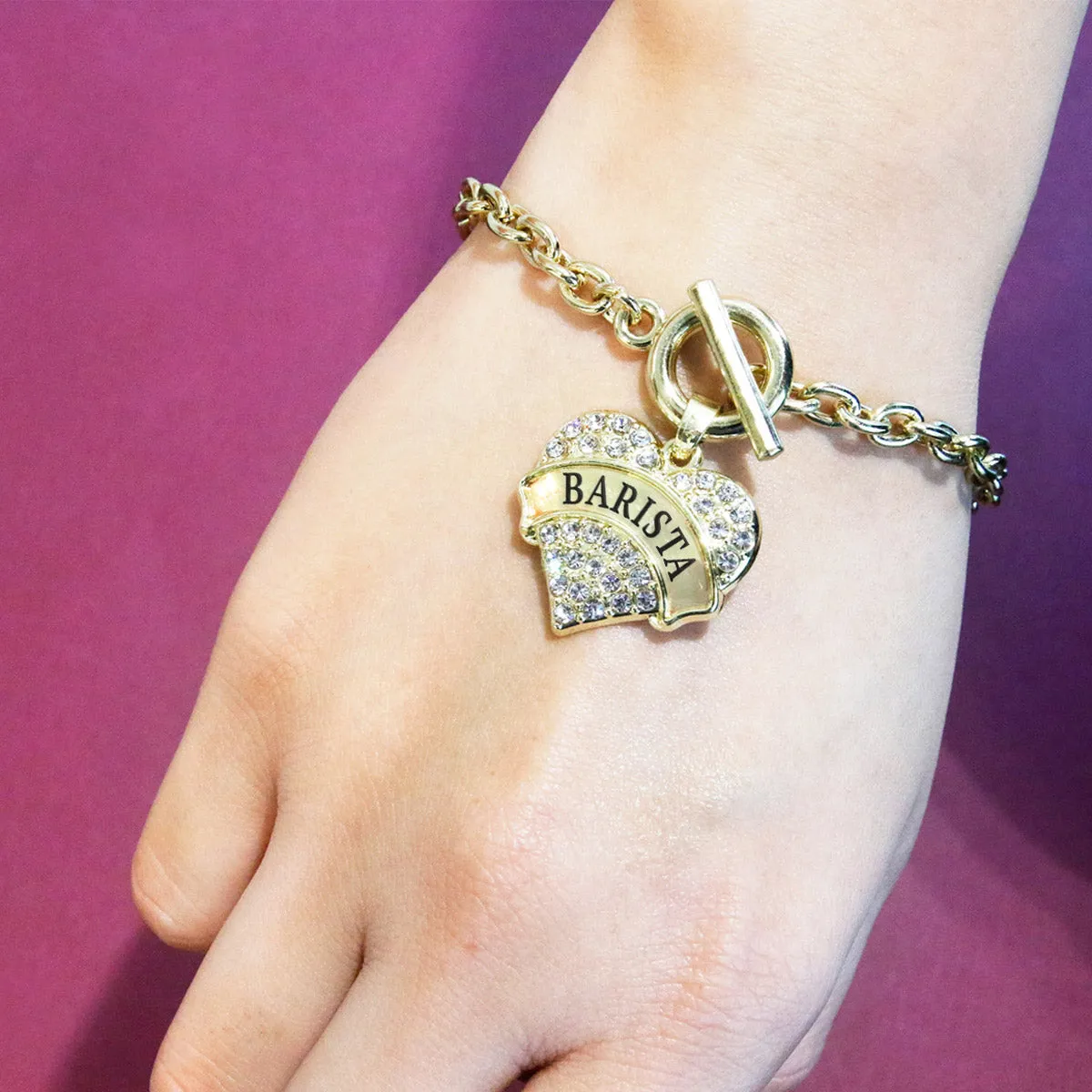 Gold Barista Pave Heart Charm Toggle Bracelet