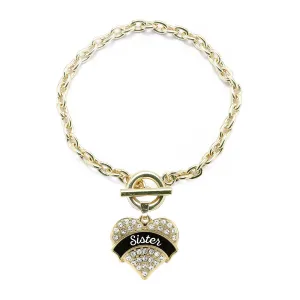 Gold Black and White Sister Pave Heart Charm Toggle Bracelet