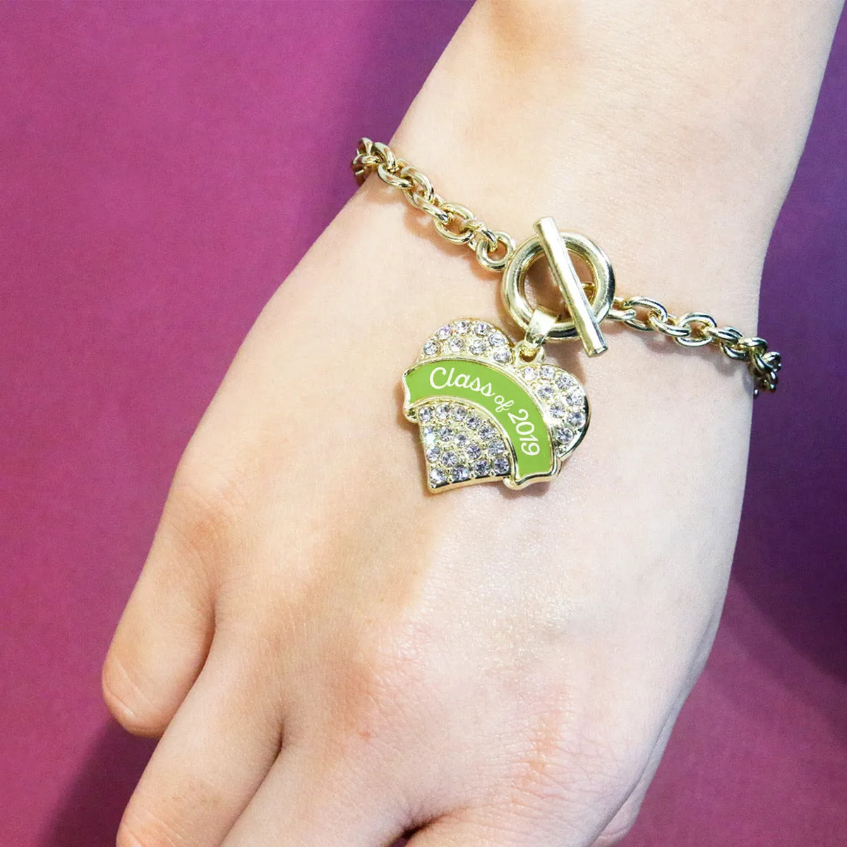 Gold Class of 2019 - Lime Green Pave Heart Charm Toggle Bracelet