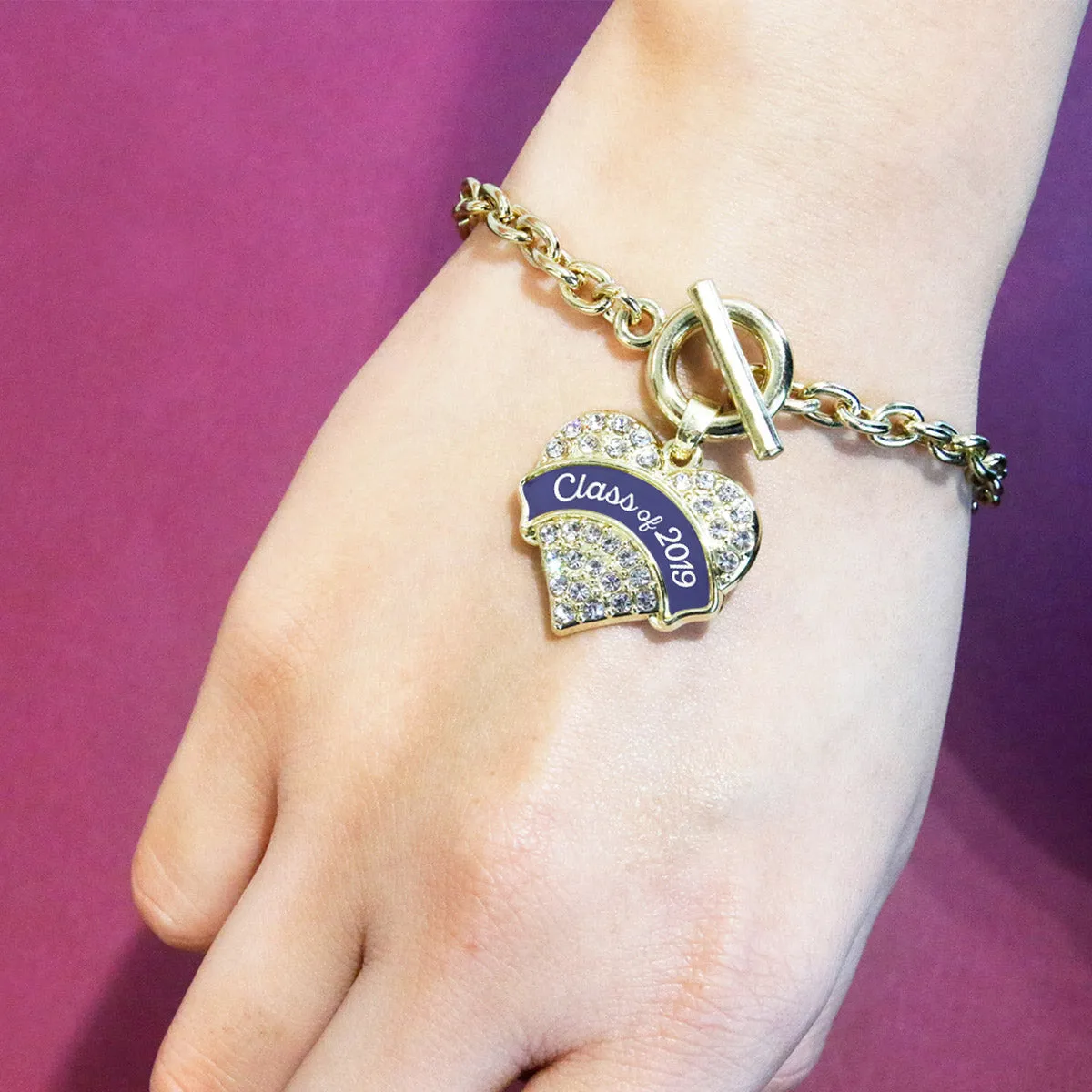 Gold Class of 2019 - Navy Pave Heart Charm Toggle Bracelet