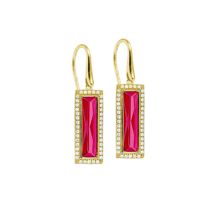 Gold Finish Sterling Silver Earrings with Rectangular Simulated Ruby Stones and Simulated Diamonds