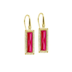 Gold Finish Sterling Silver Earrings with Rectangular Simulated Ruby Stones and Simulated Diamonds