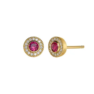 Gold Finish Sterling Silver Micropave Round Simulated Ruby Earrings with Simulated Diamonds