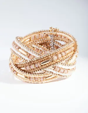 Gold Plaited Multi Bead Cuff Bracelet