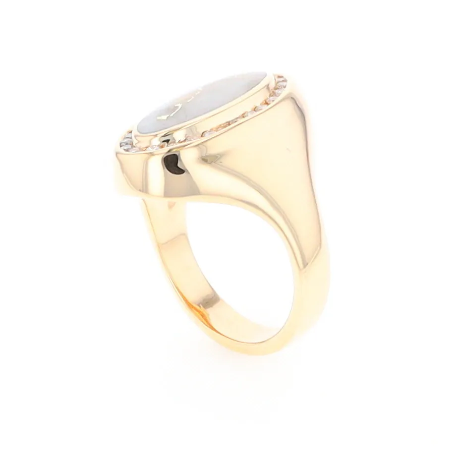 Gold Quartz Ring Oval Inlaid Design with .36ctw Round Diamonds Halo