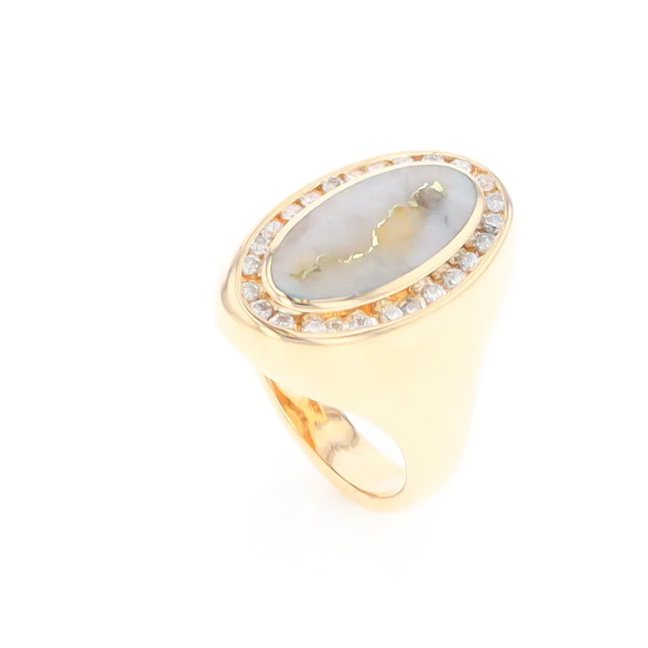 Gold Quartz Ring Oval Inlaid Design with .36ctw Round Diamonds Halo