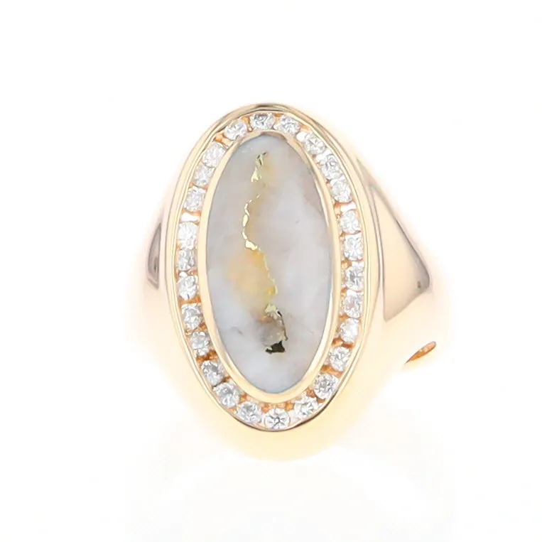 Gold Quartz Ring Oval Inlaid Design with .36ctw Round Diamonds Halo