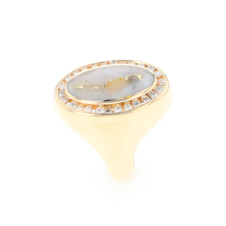 Gold Quartz Ring Oval Inlaid Design with .36ctw Round Diamonds Halo